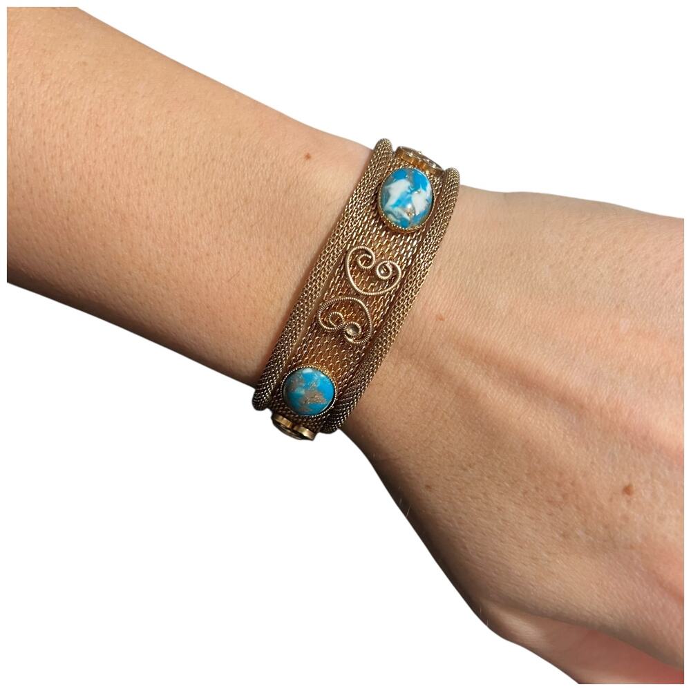 Vintage Gold Tone Mesh Bracelet with Blue Faux Turquoise Glass Cabochons